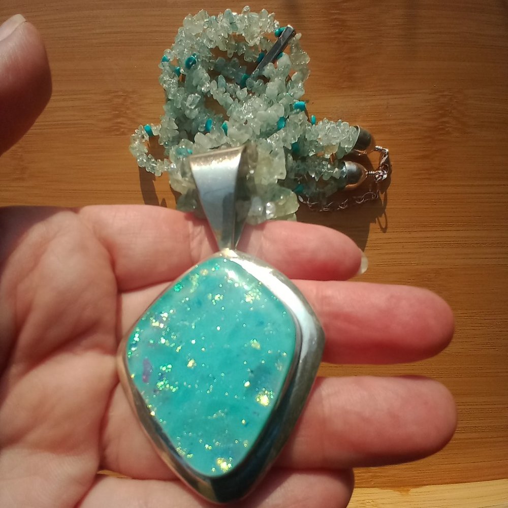 JAY KING DTR AQUAMARINE NECKLACE AND DICHROIC GLASS  PENDANT 925 STERLIN… - Picture 2 of 13